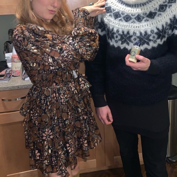 Gold & Brown Silk Ulla Johnson Mini Dress with Ruffles and Sash- Size 6 - Picture 5 of 5